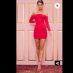 Red Choker Detail Bardot Bodycon Dress